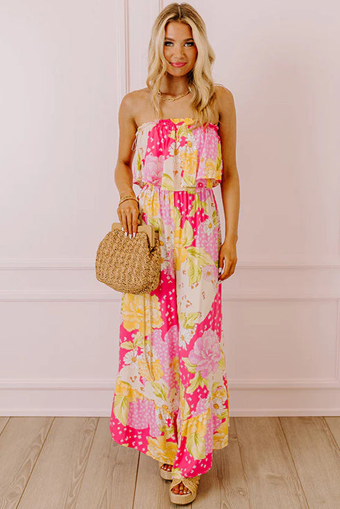 Multicolour Floral Print Ruffled High Waist Tube Top Loose Jumpsuit